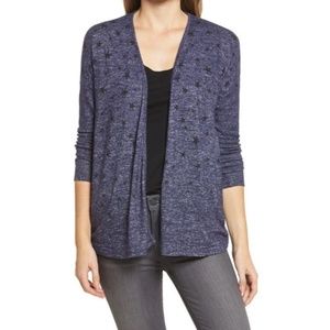 Bobeau Star Print Open Front Drop Shoulder Long Sleeve Lightweight Knit Cardigan